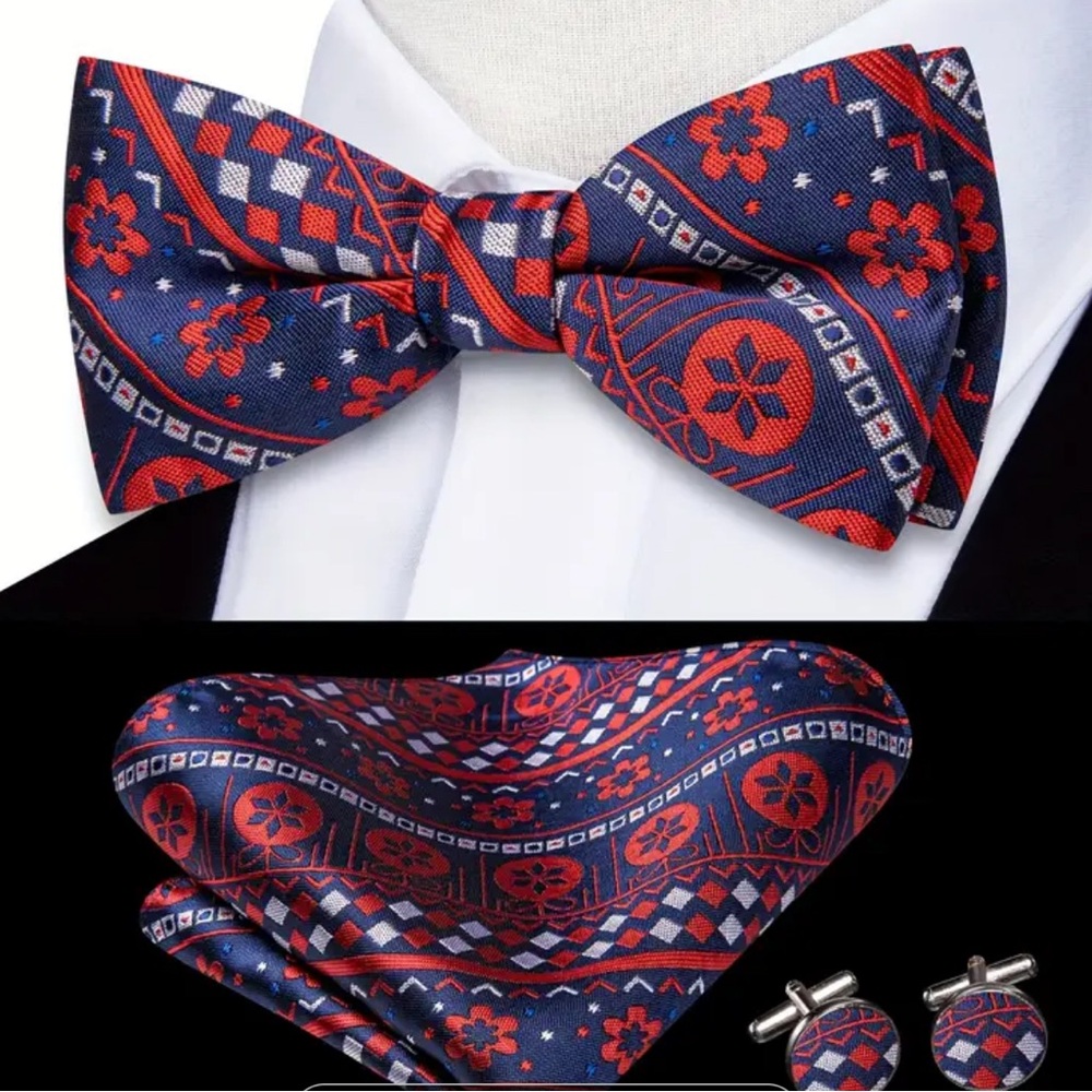 Vibrant Red and Blue Paisley Bow Tie Set (handkerchief and cufflinks included)